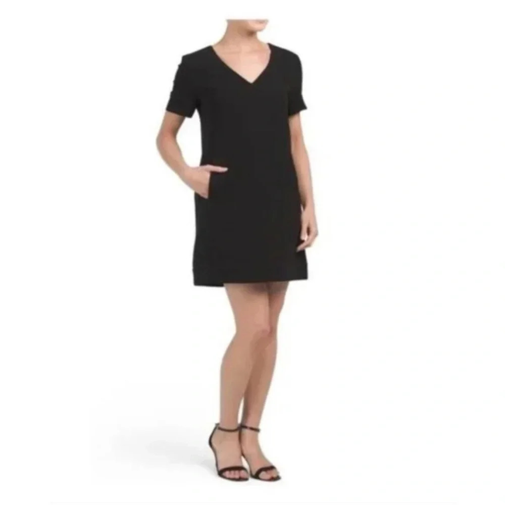 Theory V-Neck Crepe Banded Shift Dress Admiral Crepe Light Solid Black Size 8